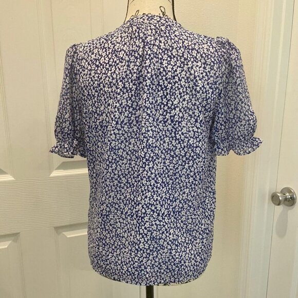 J.CREW BLOUSE SHORT SLEEVE SZ XS BLUE FLORAL COTTAGECORE PREPPY CHIC RUFFLE - Picture 2 of 16